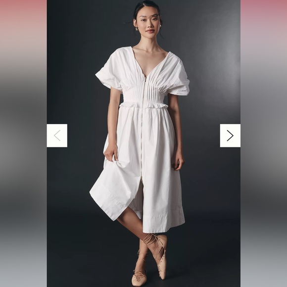 Anthropologie Dresses & Skirts - Anthropologie V-Neck Zip-Front Midi Dress White Cotton Dress Women’s Size M NEW